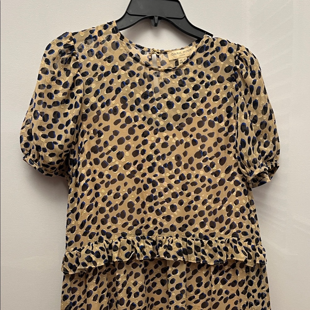Dark Pink Brand Beige, Black, & Blue  Spotted Ruffle Maxi  Dress